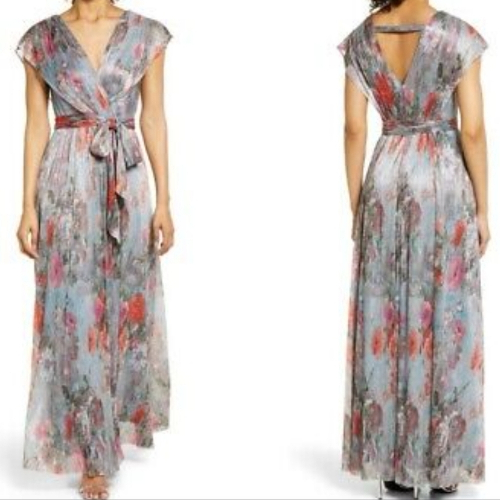 Eliza J V-neck Floral Shimmer Dress, Sz 2 - Picture 2 of 9